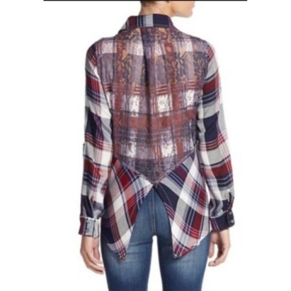 Sam Edelman Womens Riley Button Front Shirt Multicolor Plaid Lace Split Back XS - Picture 4 of 11